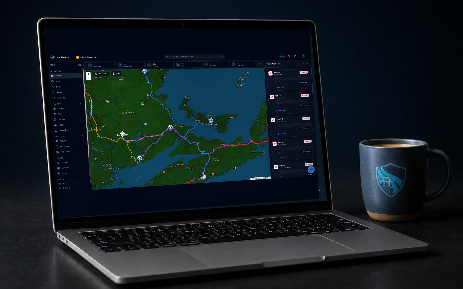 HaulSentry operational intelligence dashboard shown on a laptop